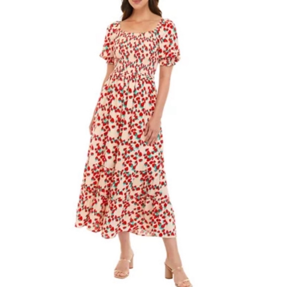 Betsey Johnson Smocked Tiered Strawberry Puff Sleeve Midi Dress